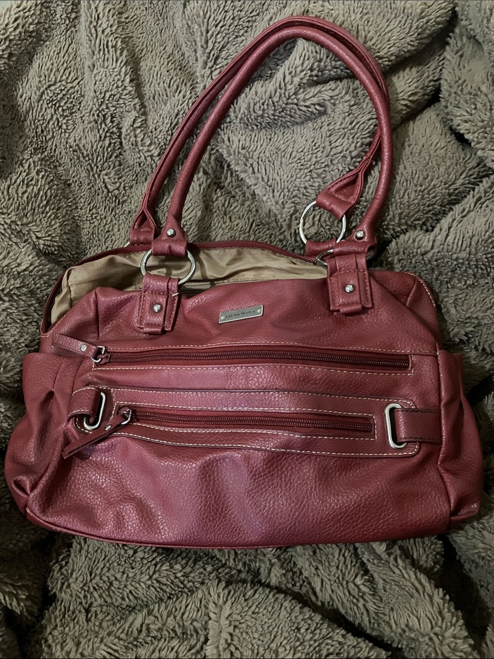 Laura Scott Wine Red Women's Shoulder Bag with Dual Zip Pockets